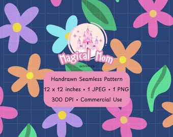 Cute Spring Ditsy Flowers and Leaves Navy Blue Background Hand drawn Seamless Digital Pattern JPG PNG instant download