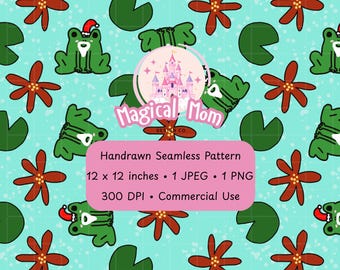 Cute Christmas Santa Frog Light Blue Background Hand drawn Seamless Digital Pattern instant download