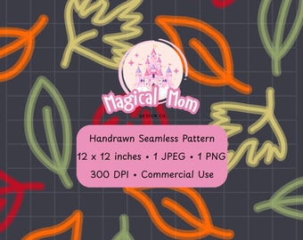 Cute Fall Neon Leaves Navy Dark Blue Background Hand drawn Seamless Digital Pattern JPG PNG instant download