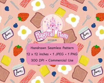 Cute Breakfast Brunch Eggs toast jam bacon butter strawberry Pink Background Hand drawn Seamless Digital Pattern JPG PNG instant download