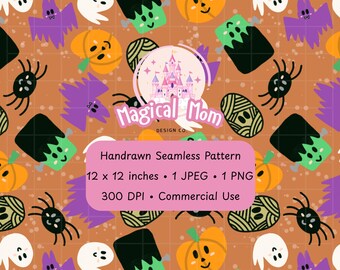 Halloween Cuties Spooky Ghost Bat Pumpkin Frankenstein Monster Mummy spider Handdrawn Seamless Digital Pattern JPG PNG instant download fall