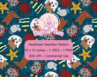 Cute Western Cowboy Cat Christmas Dark Blue Background Hand drawn Seamless Digital Pattern instant download