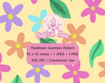 Cute Spring Ditsy Flowers and Leaves Yellow Background Hand drawn Seamless Digital Pattern JPG PNG instant download