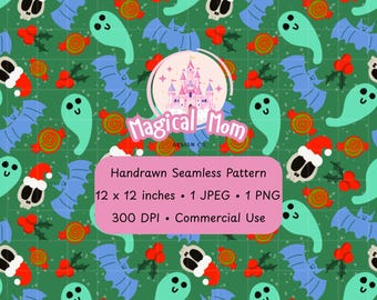 Spooky Christmas groen hand getrokken naadloze digitale patroon instant download digitaal papier ontwerp van oppervlak halloween patroon herfst winter bestand