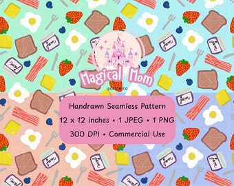 Cute Breakfast Brunch Eggs toast jam bacon butter strawberry multi Background Hand drawn Seamless Digital Pattern JPG PNG instant download