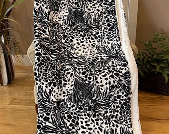 Minky Throw Extra Large Two Yard Adult/Teen Blanket Luxe Cuddle Exotic Snow/Black & Luxe Cuddle Frost Black Doubled Sided Soft Minky Blanket
