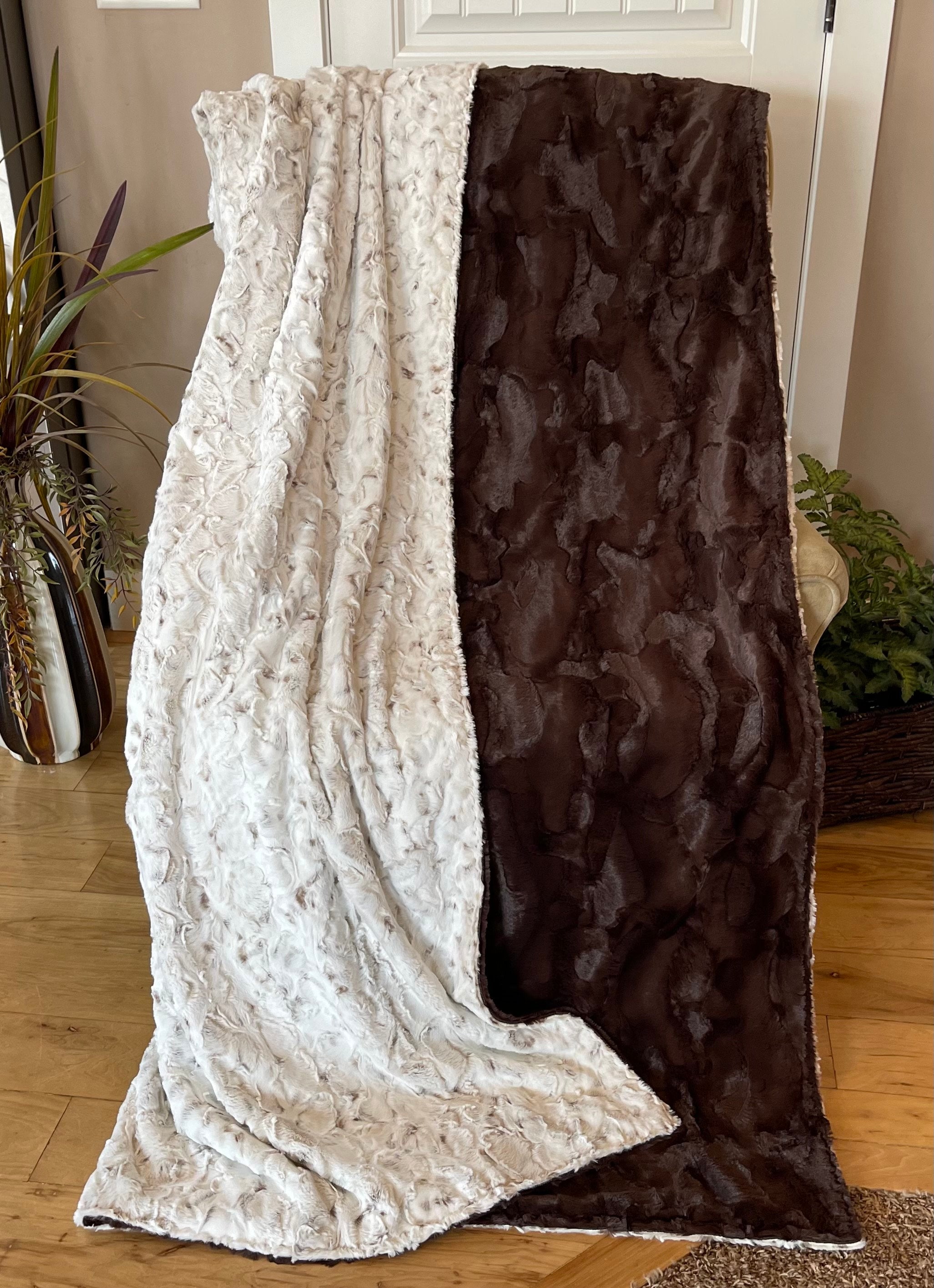 Luxury Snowy Owl Natural & Hide Chocolate Adult Extra Large Double Sided Plush Minky Throw/Blank