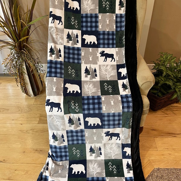Minky Throw Extra Large Two Yard Adult/Teen Blanket Cuddle Cabin Quilt Navy & Luxe Cuddle Chinchilla Black Doubled Sided Soft Minky Blanket