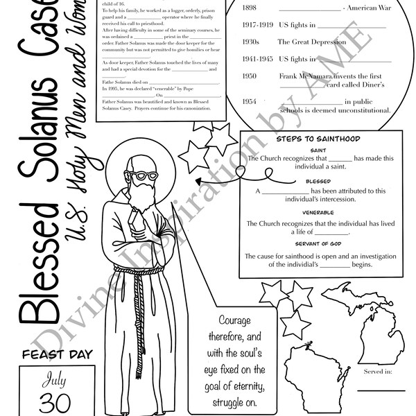 Blessed Solanus Casey Doodle Notes | Homeschool Resource | Catholic School Resource