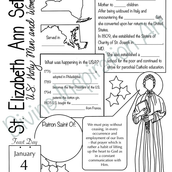 St. Elizabeth Ann Seton Doodle Notities | Hulpbron voor thuisonderwijs | Katholieke schoolbron