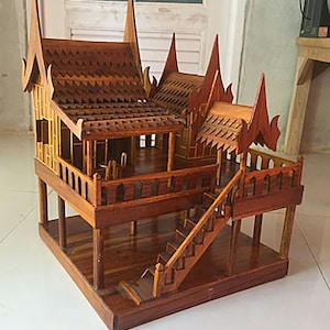 Handcrafted Thai House Model in Teak Wood, Traditional Thai Architecture Sculpture, Asian Home & Garden Decor 14&quot;x14&quot;