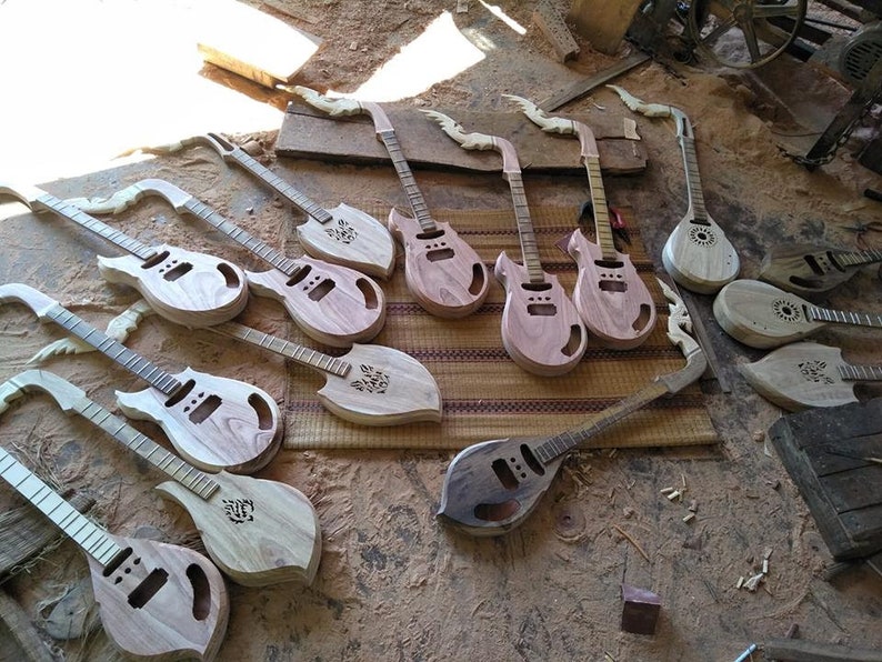 Isarn Acoustic Electric Phin 3 Strings, Thai Lao Guitar Musical Instrument, Traditional Thai