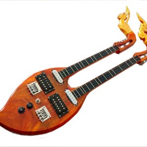 Isarn Black Electric Phin 3 Strings 2 Necks, Thai Lao Guitar Musical Instrument, Thailand Traditional Classical Musical Pin72