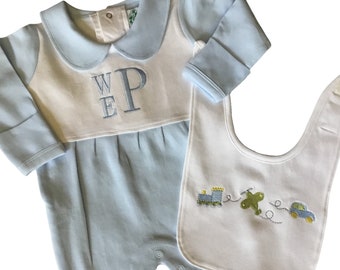 Personalized Baby Blue Boutique Style Collar Footie with Plane Train and Automobile motif Bib. NB, 3M bring home outfit, Baby shower gift
