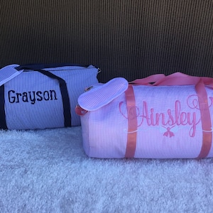 Blank or Monogrammed Seersucker Backpack-Pink or Navy, Toddler Size, Duffel Bag, Sm Overnight Bag, Travel Bag, Dance Bag, Sports Bag, Kids