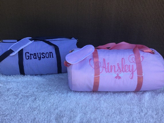 Blank or Monogrammed Seersucker Backpack-Pink or Navy, Toddler Size, Duffel Bag, Sm Overnight Bag, Travel Bag, Dance Bag, Sports Bag, Kids Il_570xn