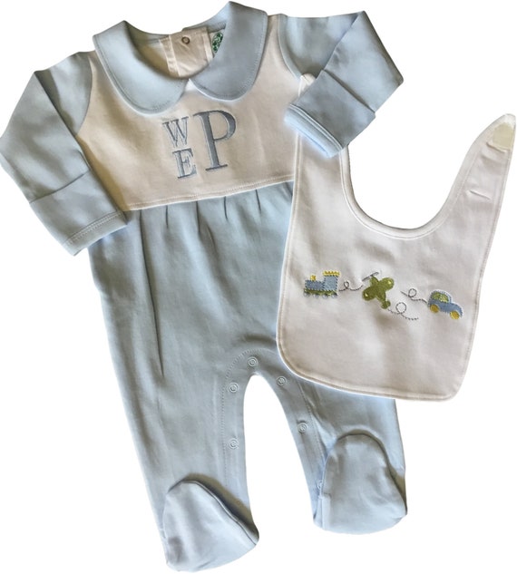 Personalized Baby Blue Boutique Style Collar Footie with Plane Train and Automobile motif Bib. NB, 3M bring home outfit, Baby shower gift Il_570xn