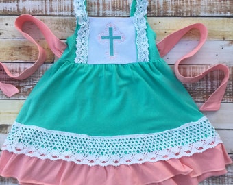 Easter Dress with Christian Cross, Blank or Monogrammed. Teal and Peach Lace Cotton Dress Spring Church Dress, 18M - 24M,  3T