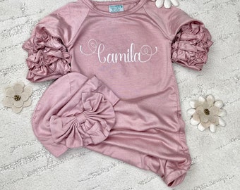 Solid Pink (Rosegold) Newborn Baby Gown and Beanie Bow Hat Blank or Monogrammed Embroidery Personalization Avail Great for Going Home outfit