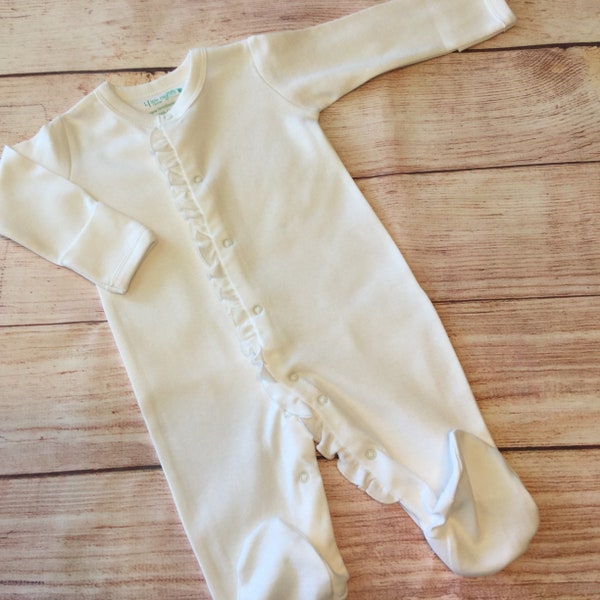 Blank White Girls Ruffled Sleeper, Embroidery Monogram available, Infant Pajamas, Baby sleepwear, Take Home Outfit NB 3M 6M 9M