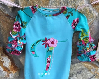 Turquoise Blue Baby Gown with Icing Sleeves, Blank or Personalized Floral Print Ruffled Take Home Outfit Set Includes Beanie Hat