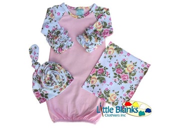 Pink and Floral Baby Gown with Icing Sleeves, Blank, Floral Print Ruffled Take Home Outfit Set Includes Beanie Hat