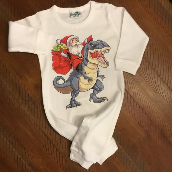 Christmas Baby Romper, Santa & Dinosaur, personalization available, Funny Holiday Outfit for Baby Toddler NB, 3M, 6M 9M 12M 18M 24M ddlers Il_570xn