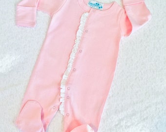 Pink & White Girl Ruffled Sleeper, White Pink Infant Pajamas, Baby sleepwear, Blank  Take Home Outfit NB 3M 6M