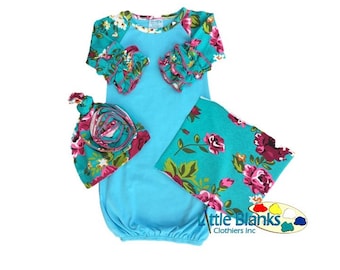 Turquoise Blue Baby Gown with Icing Sleeves, Blank, Floral Print Ruffled Take Home Outfit Set Includes Beanie Hat