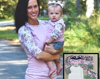 Mom and Me Shirts, Matching Mommy Baby Girl Floral Raglan Tops Personalized or Blanks, Mother Daughter shirts, Toddler Girls, Baby Gown Too