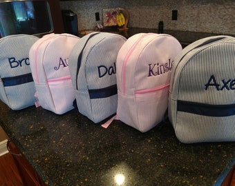 Toddler Sized Seersucker Backpack, Blank or Personalized Book Bag, Navy or Pink Free Shipping Great Busy Bag for Preschoolers Babies