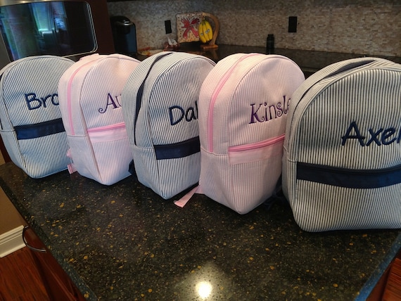 Toddler Sized Seersucker Backpack, Blank or Personalized Book Bag, Navy or Pink Free Shipping Great Busy Bag for Preschoolers Babies Il_570xn