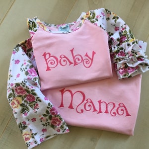 Mom and Me Shirts, Matching Mommy Baby Girl Floral Raglan Tops Personalized or Blanks, Mother Daughter shirts, Toddler Girls, Baby Gown Too