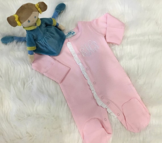 Pink & White Girls Ruffled Sleeper, Infant Pajamas, Baby sleepwear, Blank or Personalized Take Home Outfit NB 3M 6M Monogram Avail Il_570xn