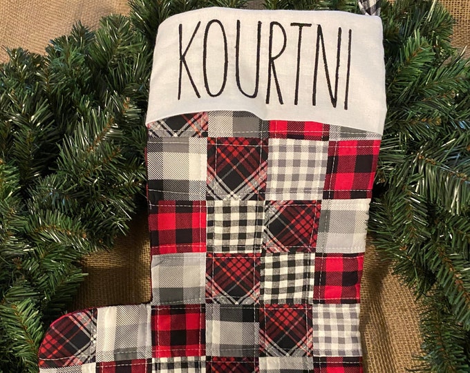 Personalized Rae Dunn Inspired Farmhouse shabby chic Christmas Stocking/embroidered Christmas stocking/ Buffalo check Christmas stocking