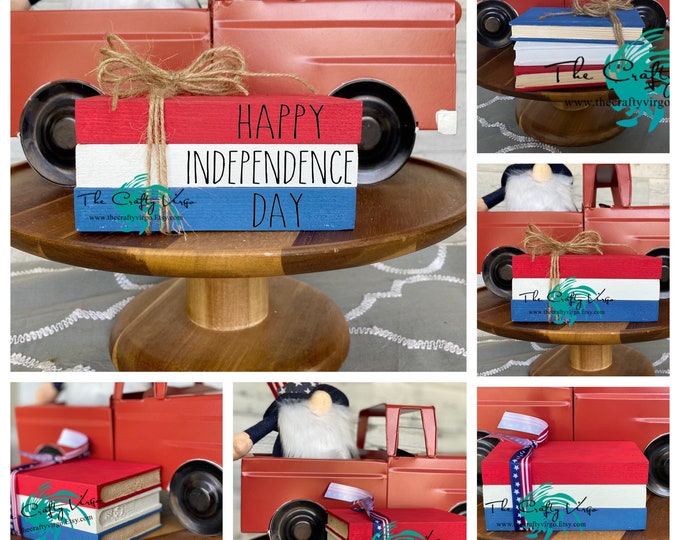 4th of July mini wooden book stack for tiered tray/happy Independence Day wooden book stack/ farmhouse decor/tiered tray decor/ book stacks