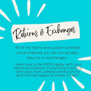 May include: A teal background with white starburst accents surrounds a cream-colored rectangle. The text "Returns & Exchanges" is written in black script. Additional text explains the return policy.