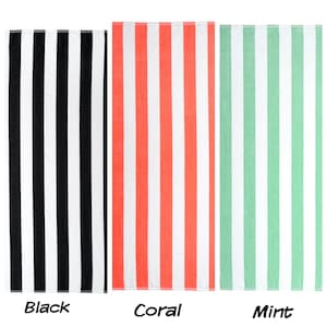 May include: Three beach towels with vertical stripes in black, coral, and mint green, each with white stripes. The word "Black", "Coral", and "Mint" are written below each towel in a handwritten font.