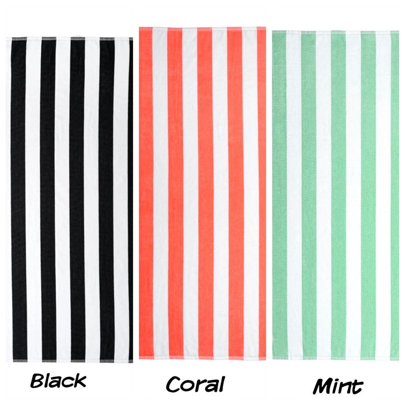May include: Three beach towels with vertical stripes in black, coral, and mint green, each with white stripes. The word "Black", "Coral", and "Mint" are written below each towel in a handwritten font.