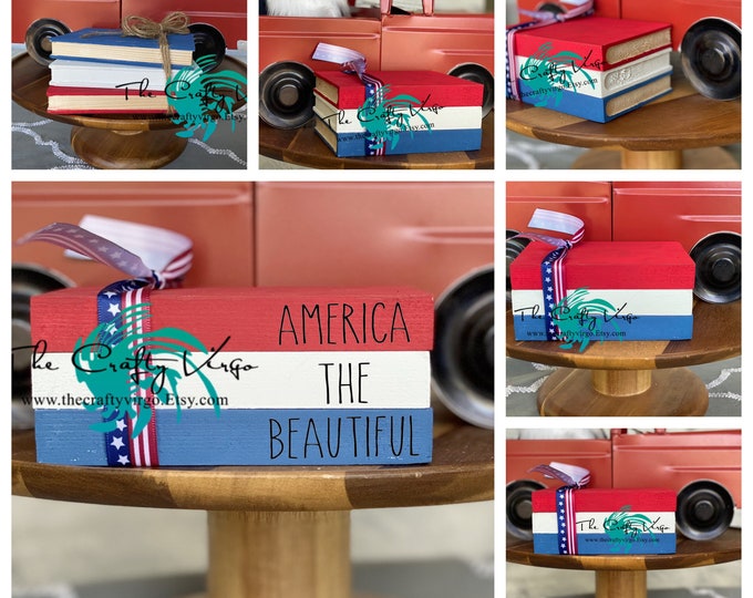 4th of July mini wooden book stack for tiered tray/ America the beautiful wooden book stack/ farmhouse decor/ tiered tray decor/ book stacks