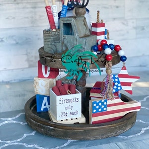 farmhouse Patriotic Tiered Tray Decor, Wooden Book Stack, Mini Rolling Pins, Patriotic Garland/ Red White & Blue/July 4th Decor/