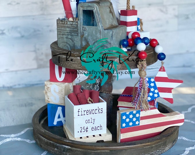 farmhouse Patriotic Tiered Tray Decor, Wooden Book Stack, Mini Rolling Pins, Patriotic Garland/ Red White & Blue/July 4th Decor/