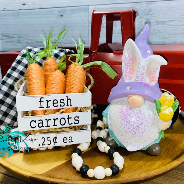Crate of Summer Carrots/ Jute twine carrots in wooden crate/ mini tiered tray decor/ Farmhouse decor/ Easter tiered tray decor