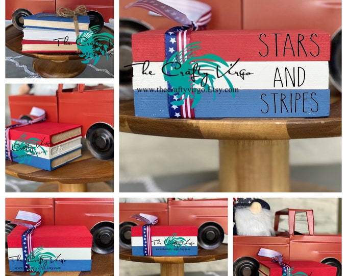 4th of July mini wooden book stack for tiered tray/ Stars and Stripes wooden book stack/ farmhouse decor/ tiered tray decor/ book stacks