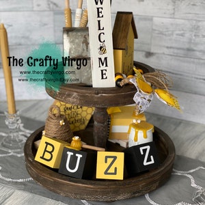 Farmhouse bee themed tiered Tray Decor, Wooden Book Stack, Mini Rolling Pins, tiered tray bundle/ Honey/ bees/summer tiered tray decor,