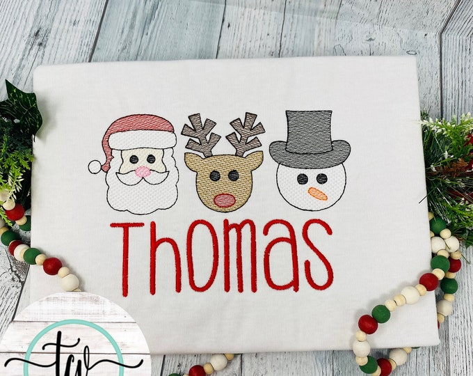 Personalized embroidered santa reindeer and snowman Christmas shirt/ christmas shirt/ holiday shirt/embroidered kids shirt