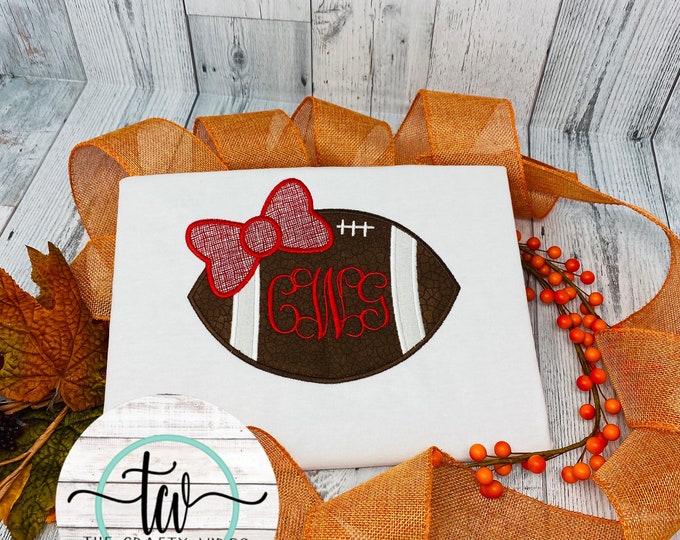 Personalized monogramed football shirt with bow/ School spirit football shirt for kids/ personalized fall sports shirt for football season