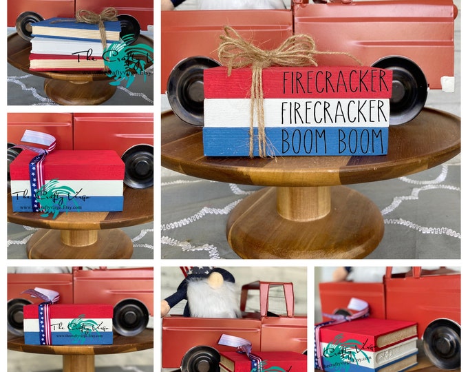 4th of July mini wooden book stack for tiered tray/ firecracker firecracker boom boom/wooden book stack/farmhouse decor/ tiered tray decor/