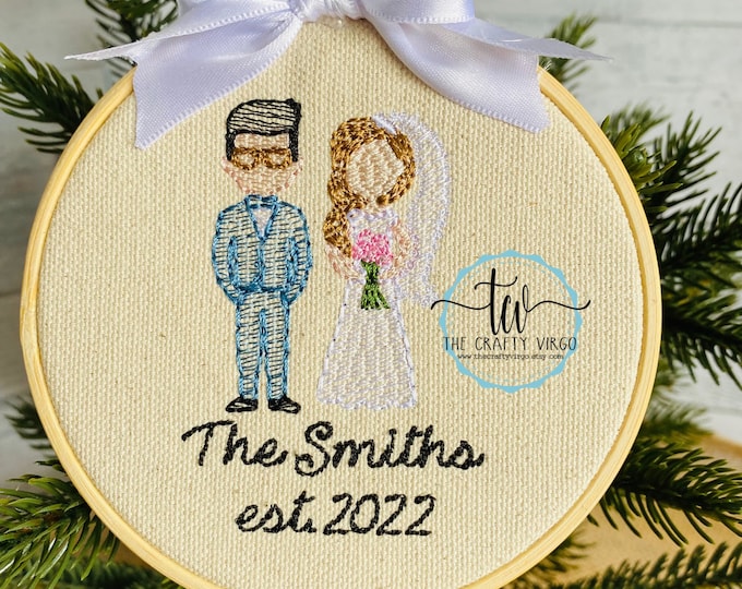 Bride and groom Custom Embroidered Keepsake Christmas Ornament/ Embroidered Christmas ornament/ Personalized Christmas ornament/