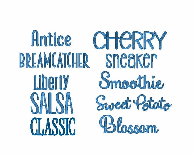 May include: A white background with blue text featuring various words in different fonts. Words include "Antice", "Dreamcatcher", "Liberty", "Salsa", "Classic", "Cherry", "Sneaker", "Smoothie", "Sweet Potato", and "Blossom".